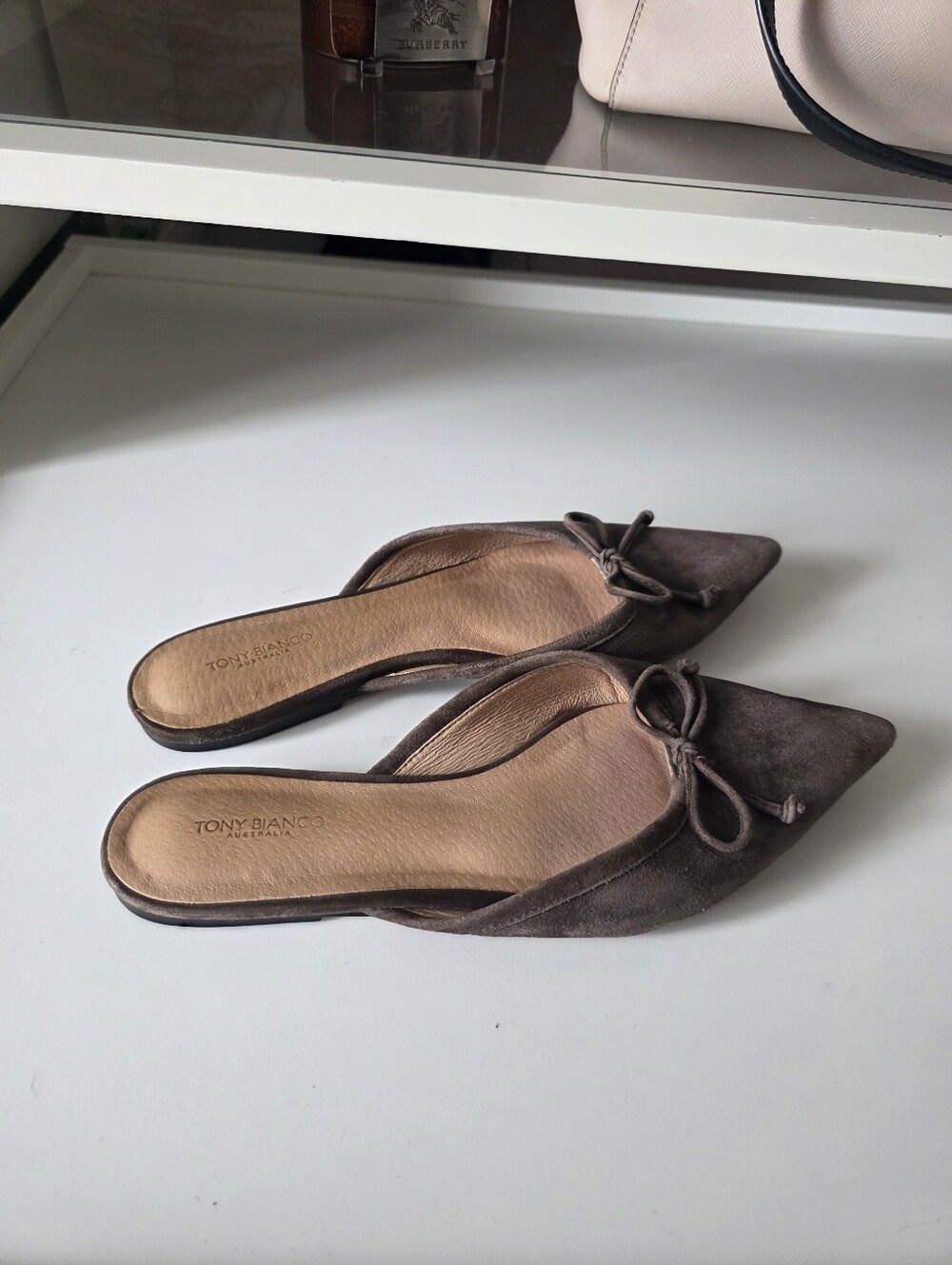 Tony Bianco Taupe Pointed Toe Suede Bow Mules - Picture 2 of 4
